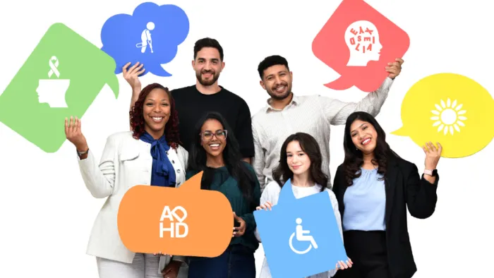 Group of people holding banners highlighting various accessibility issues